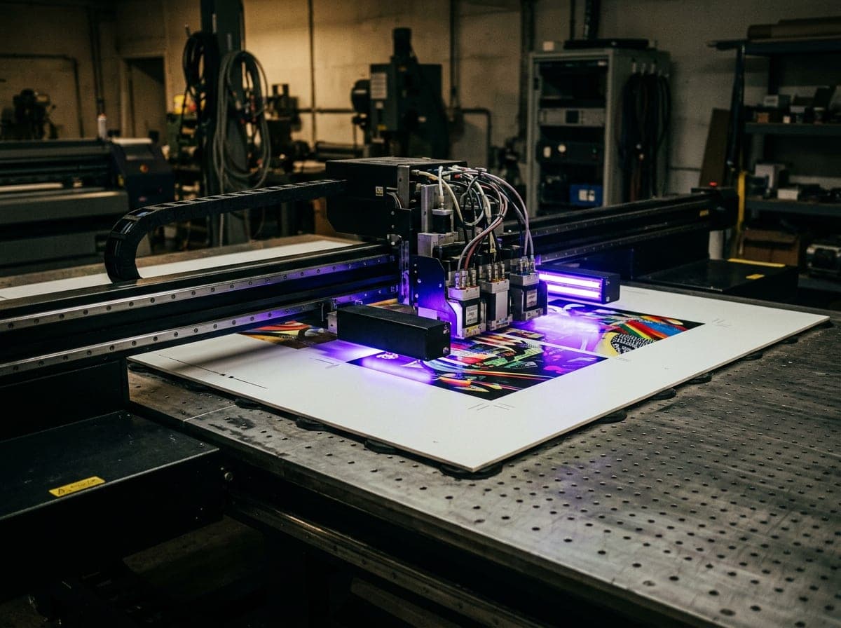 Atölyede flatbed UV baskı makinesi levhaya baskı yaparken